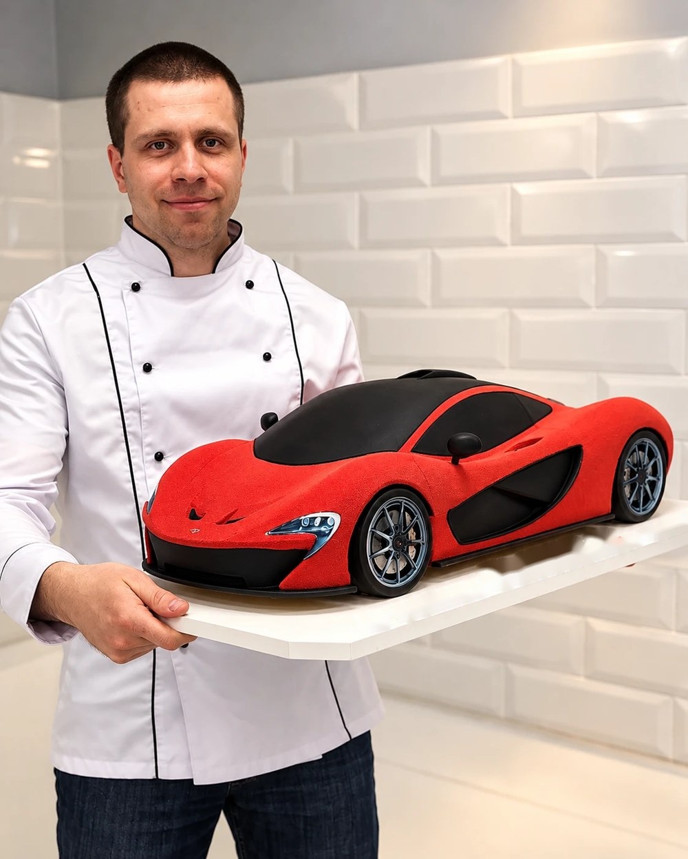 Our pastry chef with a sports-car-shaped cake