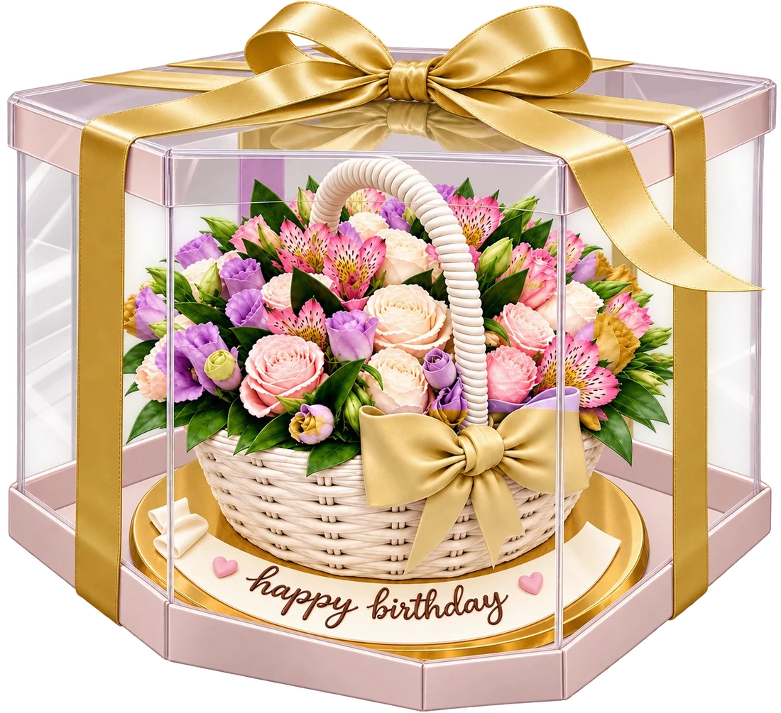 Cake basket with flowers in a gift box with a ribbon